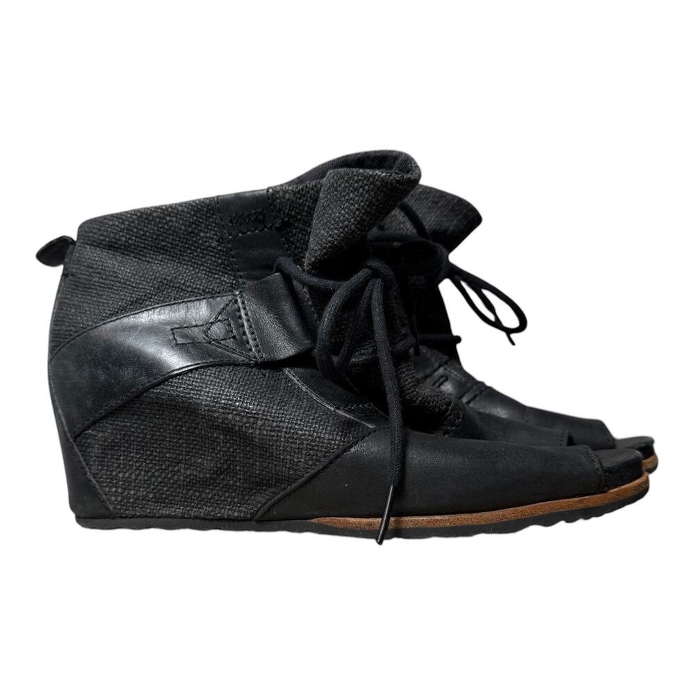 Sorel Lake Wedge Peep Toe Booties Black 7 Leather Canvas Lace Up Detail EUC